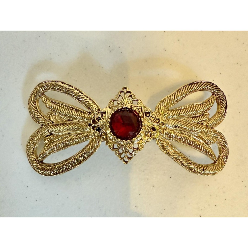 Deborah Rhodes Mocha‎ Barrette Gold Tone filigree with ruby red center